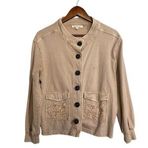 Solitaire Womens Tan Khaki Button Up Embroidered Pockets Bohemian Sweater Medium